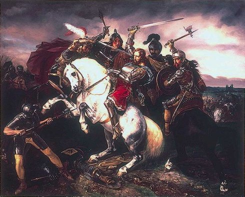 Adolf von Nassau in der Schlacht von Göllheim, 1829 gemalt Zeichnung des letzten Wegs des Königs Adolf von Nassau